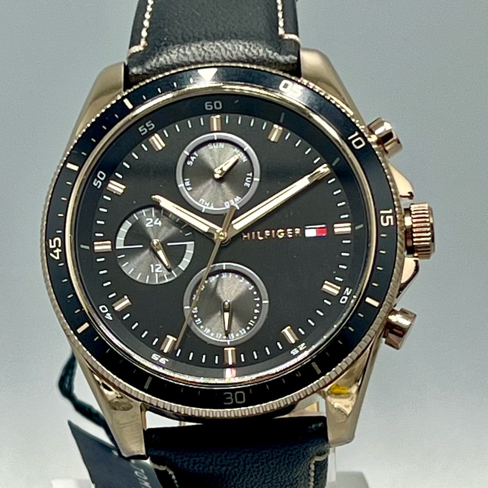 NEW Tommy Hilfiger Parker Men's Black Leather Strap Black Dial 1791836 Watch - Picture 2 of 11